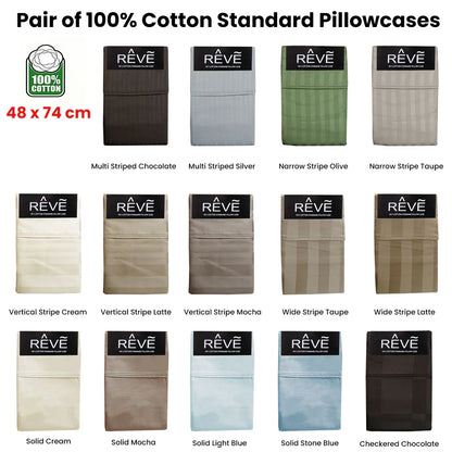 Pair of Reve 100% Cotton Standard Pillowcases 48 x 74 cm Wide Stripe Taupe - Mekamart Australia
