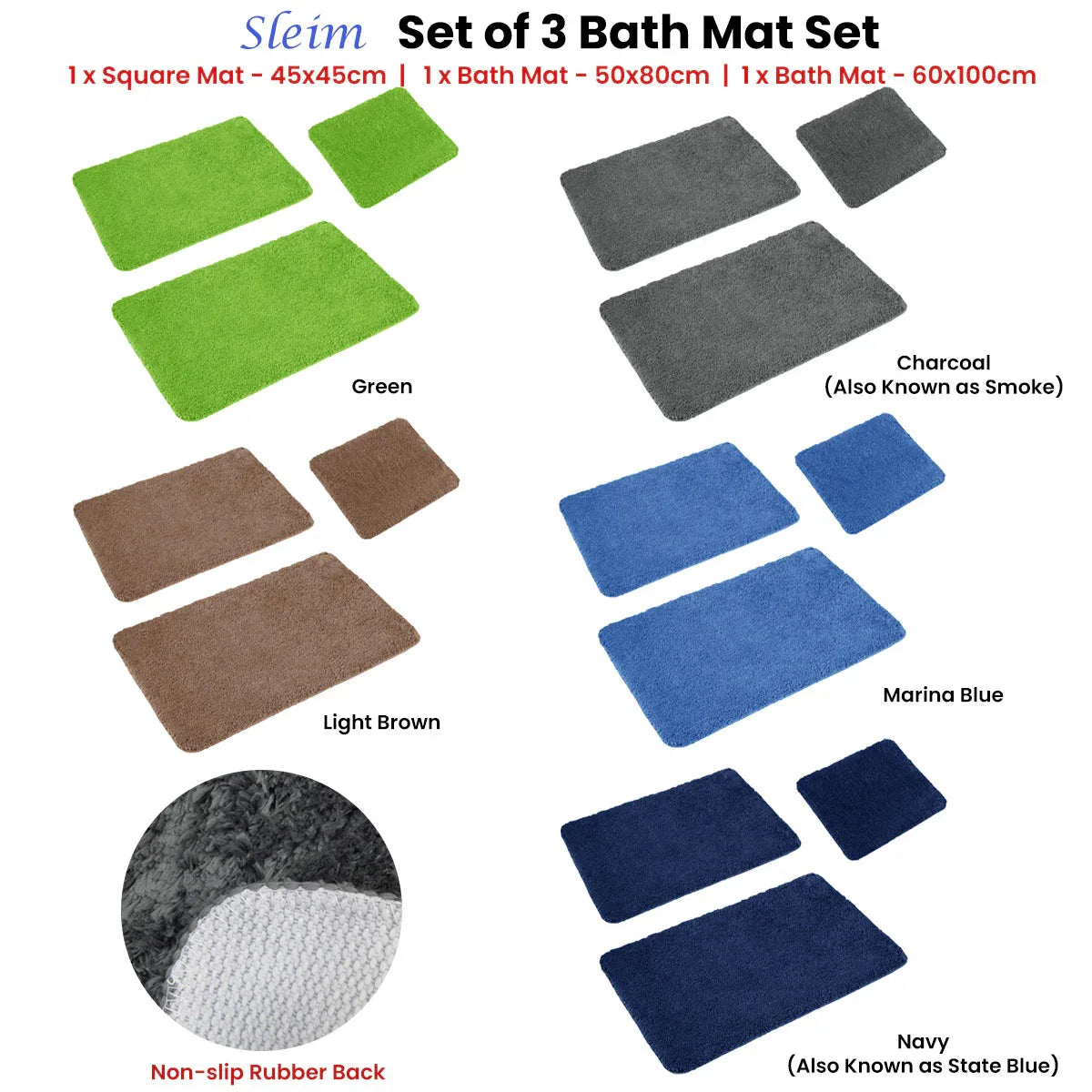 Sleim Set of 3 Bath Mat Set Charcoal (Also Known as Smoke) - Mekamart Australia