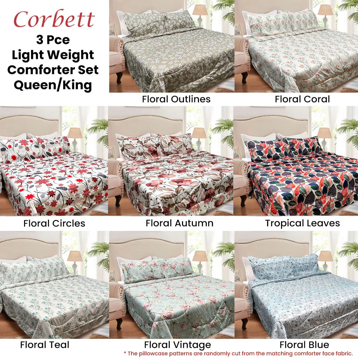 Hotel Living 3 Pce Light Weight Comforter Set Queen/King Corbett Floral Outlines - Mekamart Australia
