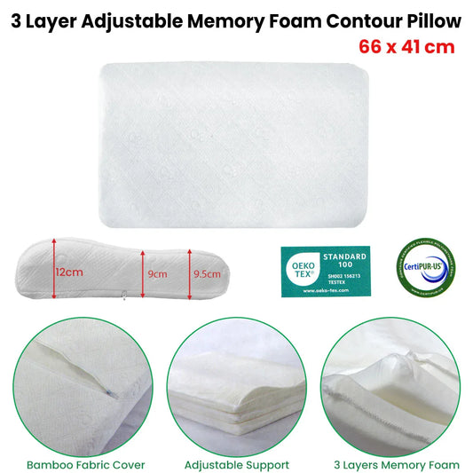 Hotel Living Adjustable 3-Layer Memory Foam Contour Pillow 41x66cm - Mekamart Australia