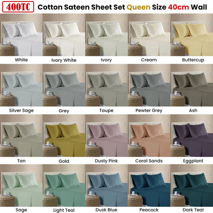 400TC 100% Cotton Sateen Premium Sheet Set 40cm Wall Grey Queen - Mekamart Australia