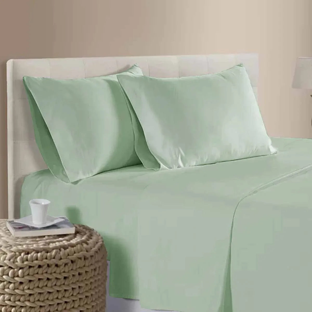 400TC 100% Cotton Sateen Premium Sheet Set 40cm Wall Sage Queen - Mekamart Australia