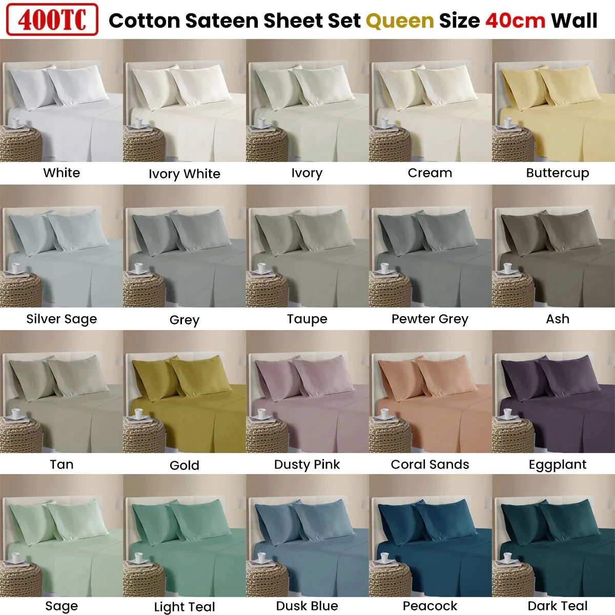 400TC 100% Cotton Sateen Premium Sheet Set 40cm Wall Sage Queen - Mekamart Australia