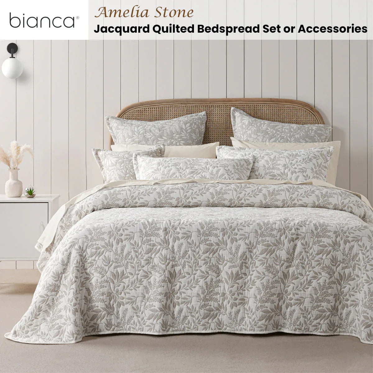 Bianca Ameila Stone Jacquard Quilted Foliage Bedspread Set Queen - Mekamart Australia