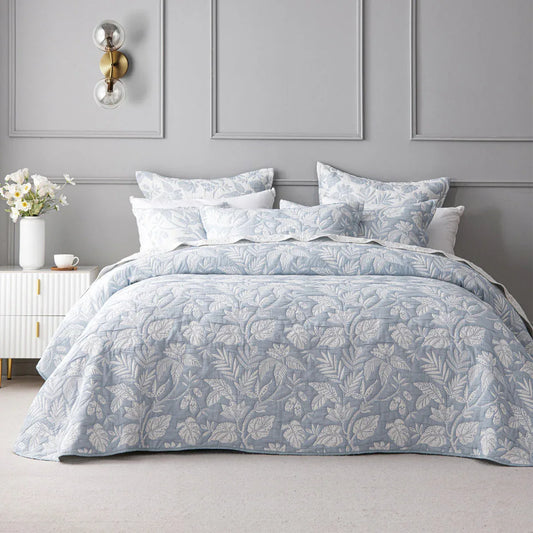 Bianca Laurieton Blue Jacquard Botanical Bedspread Set Queen - Mekamart Australia