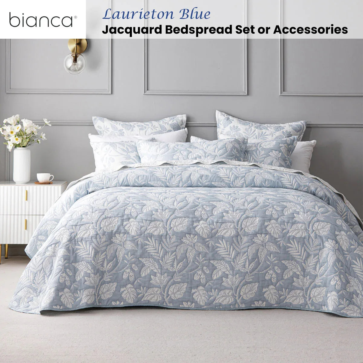 Bianca Laurieton Blue Jacquard Botanical Bedspread Set Queen - Mekamart Australia