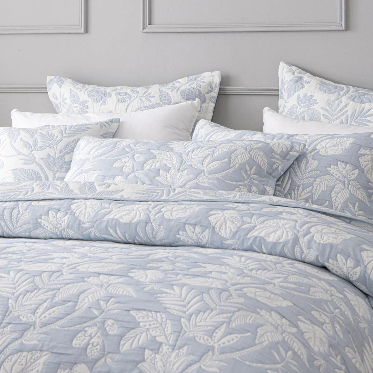 Bianca Laurieton Blue Jacquard Botanical Bedspread Set Queen - Mekamart Australia