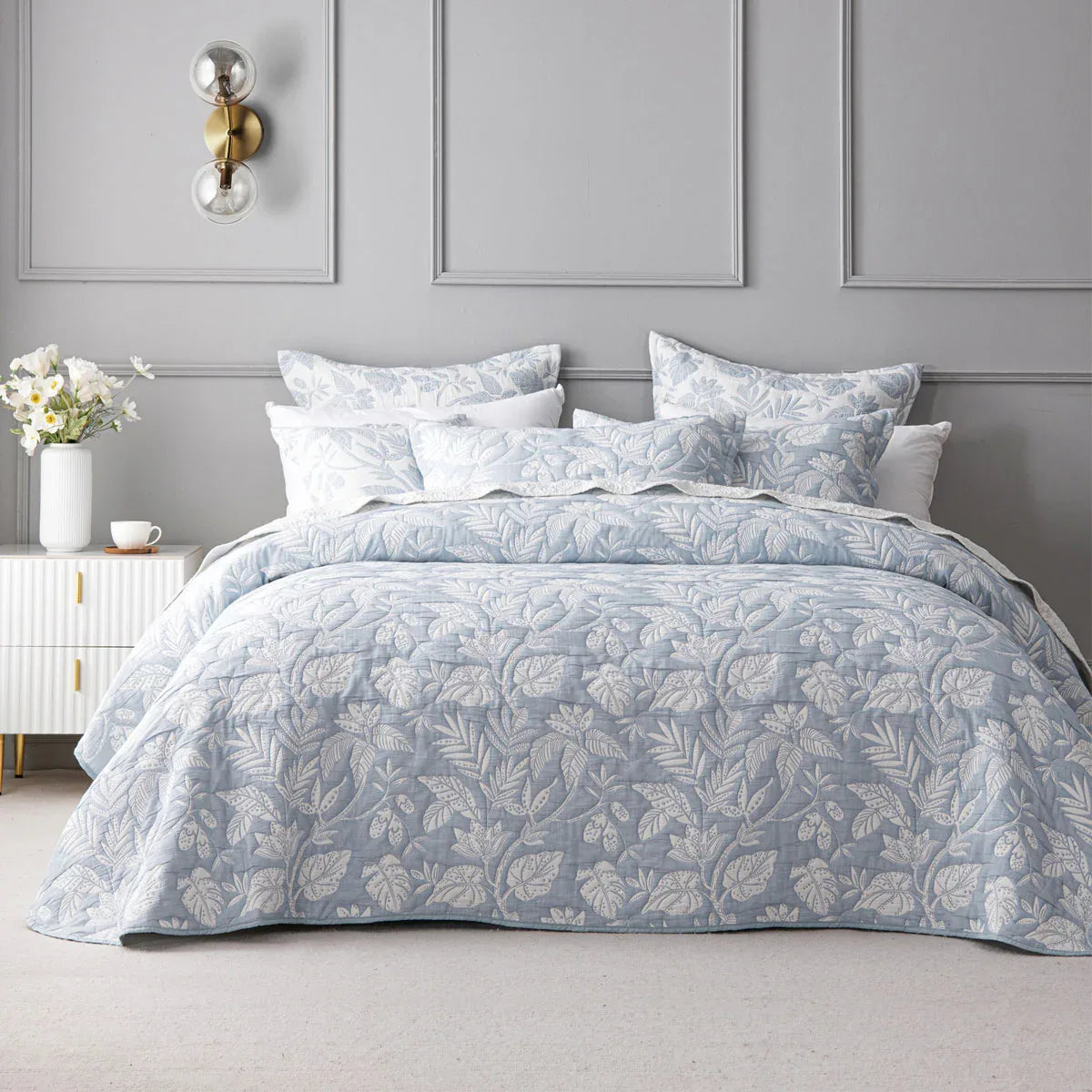 Bianca Laurieton Blue Jacquard Botanical Bedspread Set Super King - Mekamart Australia