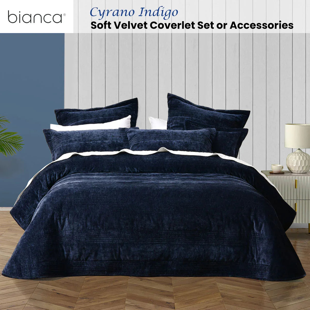 Bianca Cyrano Indigo Soft Velvet Polyester Quilted Coverlet Set Super King - Mekamart Australia