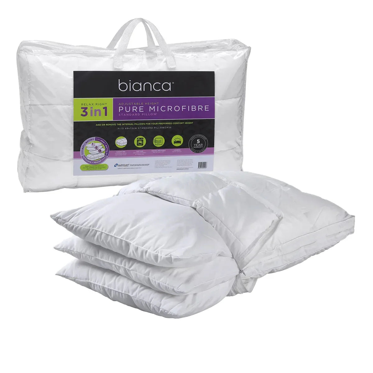 Bianca 1150g Relax Right Pure Microfiber 3 in 1 Adjustable Standard Pillow 49 x 72cm - Mekamart Australia