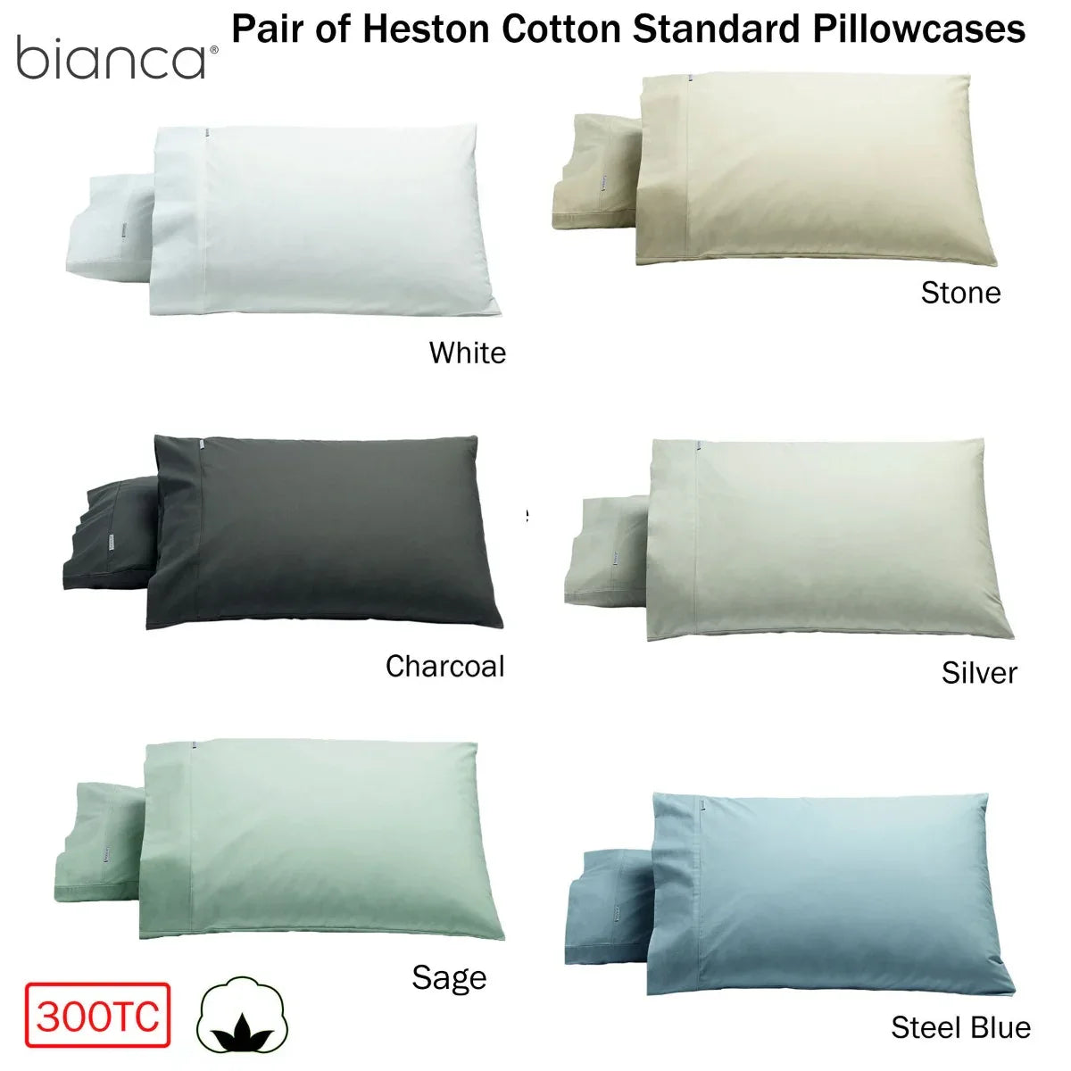 Bianca Pair of Heston Cotton Percale Standard Pillowcases Steel Blue - Mekamart Australia