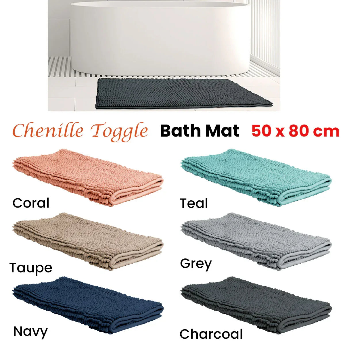 Chenille Toggle Bath Mat 50 x 80cm Taupe - Mekamart Australia