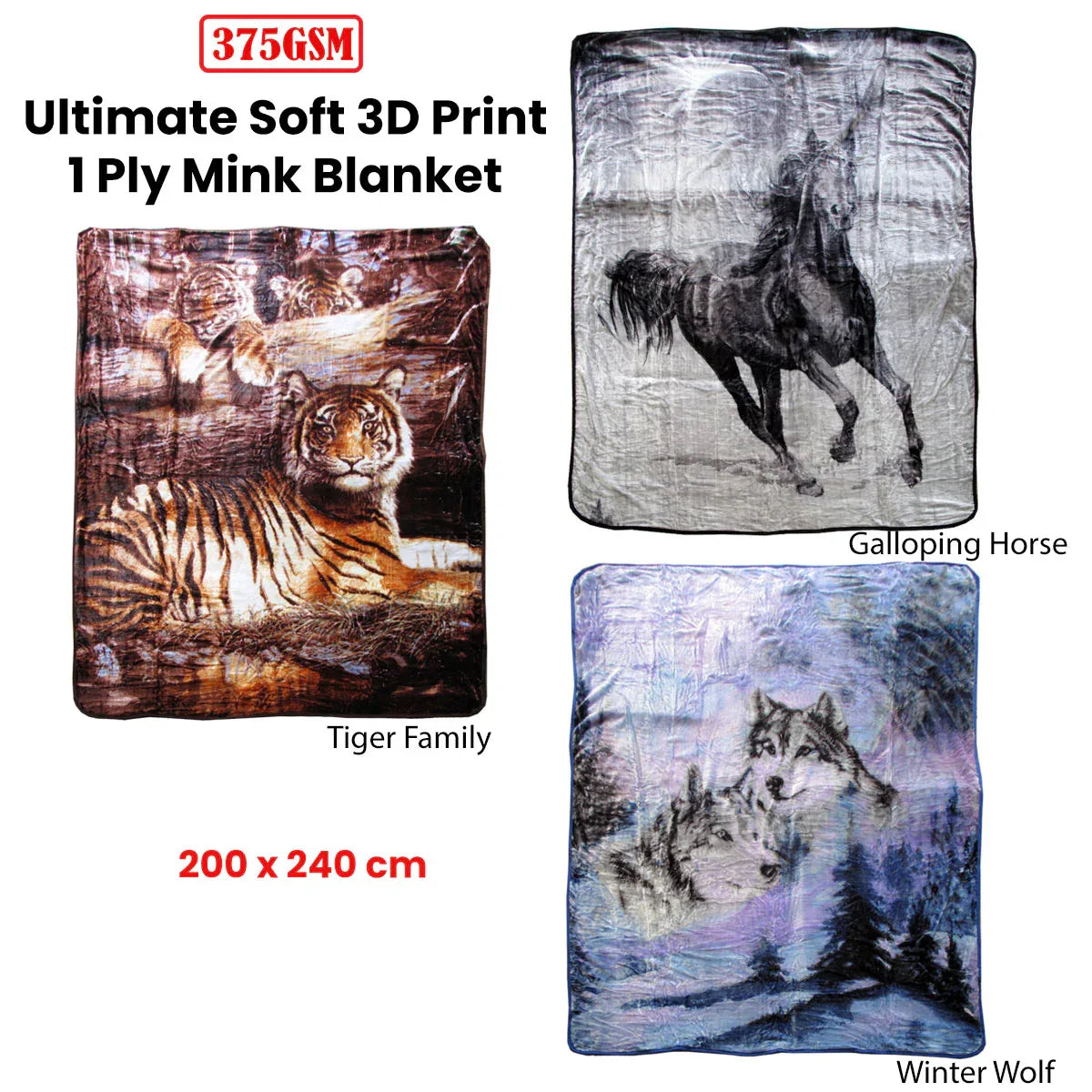 375gsm 1 Ply 3D Print Faux Mink Blanket Queen 200x240 cm Tiger Family - Mekamart Australia