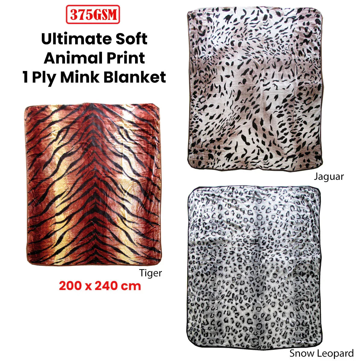 375gsm 1 Ply Animal Print Faux Mink Blanket Queen 200x240 cm Jaguar - Mekamart Australia