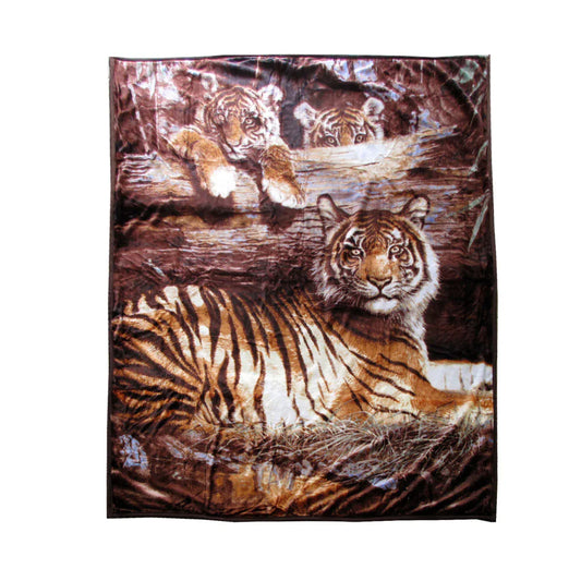 675gsm 2 Ply 3D Print Faux Mink Blanket Queen 200x240 cm Tiger Family - Mekamart Australia