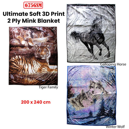 675gsm 2 Ply 3D Print Faux Mink Blanket Queen 200x240 cm Tiger Family - Mekamart Australia