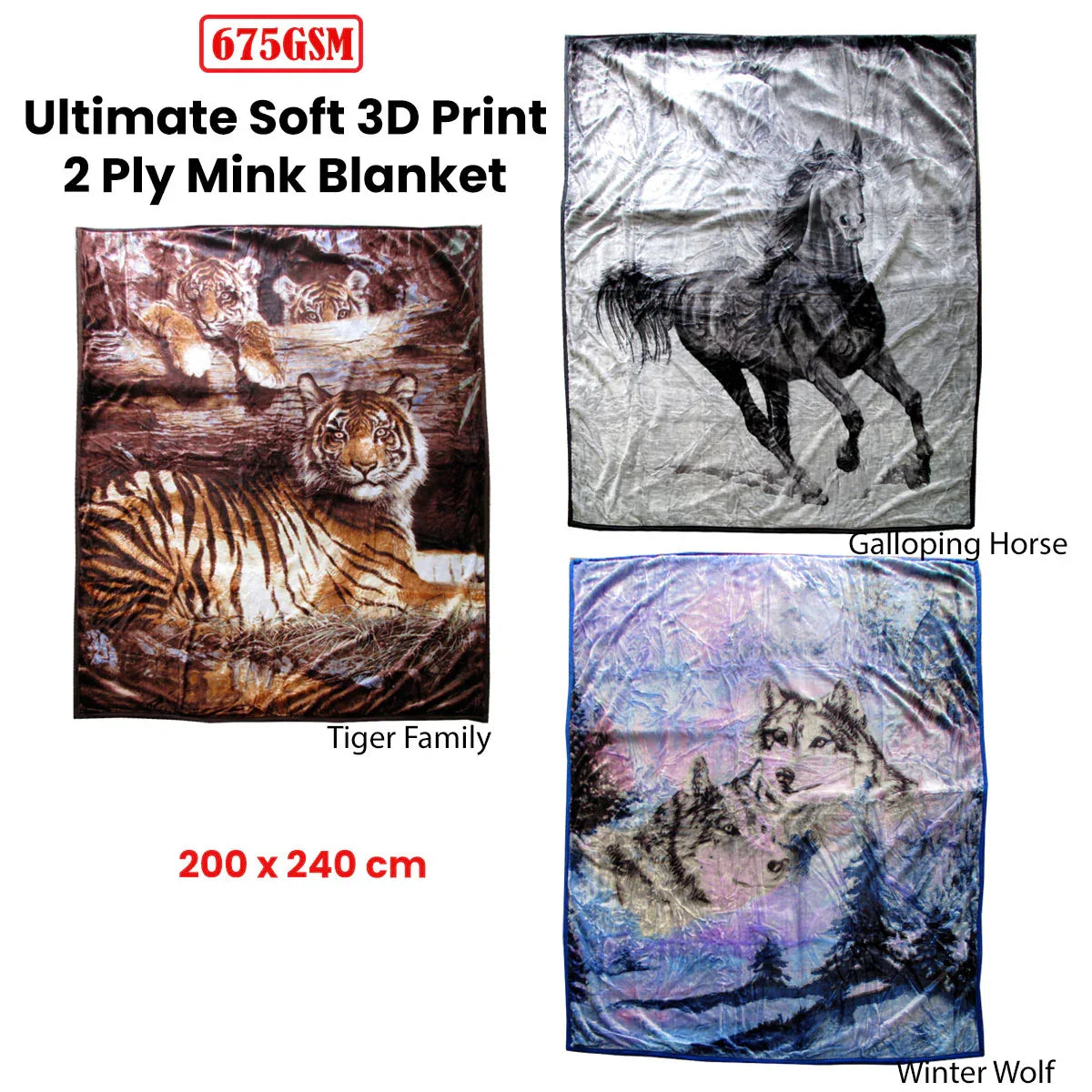 675gsm 2 Ply 3D Print Faux Mink Blanket Queen 200x240 cm Winter Wolf - Mekamart Australia