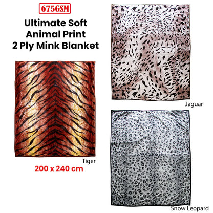 675gsm 2 Ply Animal Print Faux Mink Blanket Queen 200x240 cm Snow Leopard - Mekamart Australia