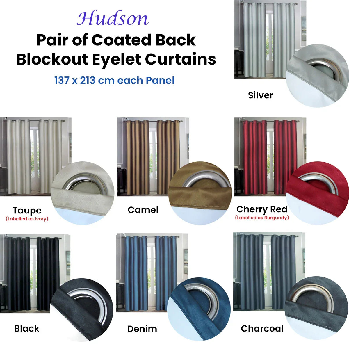 Emporio Hudson Pair of Coated Back Blockout Eyelet Curtains 137 x 213cm each Silver - Mekamart Australia