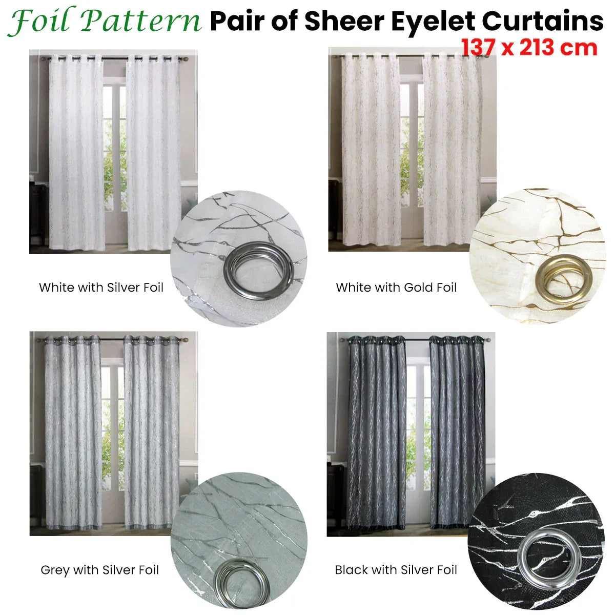 Pair of Sheer Eyelet Curtains Black with Silver Foils 137 x 213 cm - Mekamart Australia