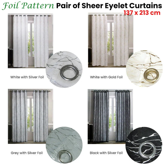 Pair of Sheer Eyelet Curtains White with Gold Foils 137 x 213 cm - Mekamart Australia