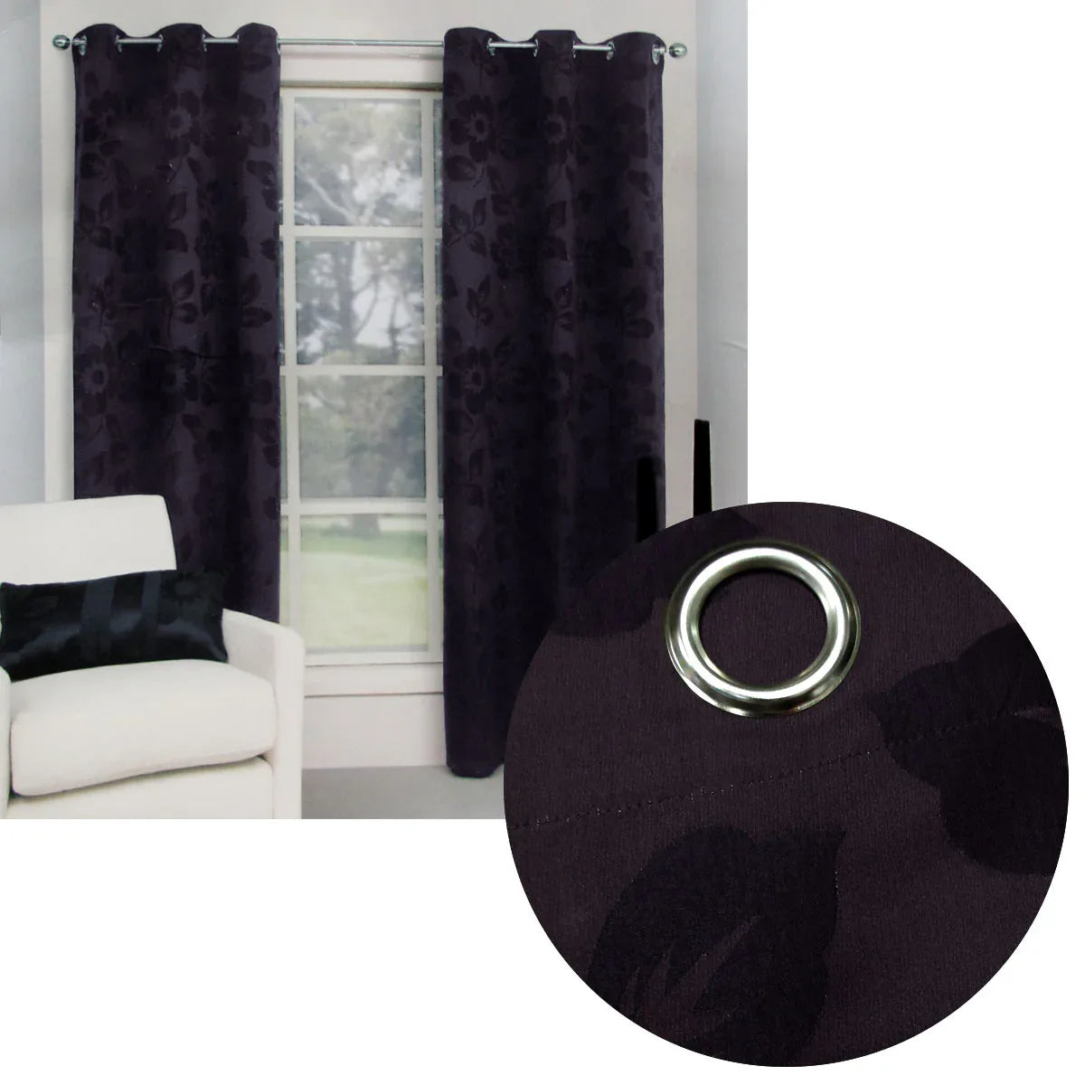 Belmondo Provincial Pair of Eyelet unlined Jacquard Curtains 120 x 220cm each Aubergine - Mekamart Australia