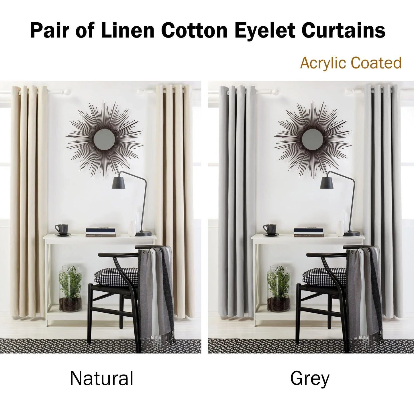 Designers Choice Pair of Linen Cotton Coated Eyelet Curtains Grey 140 x 213cm - Mekamart Australia