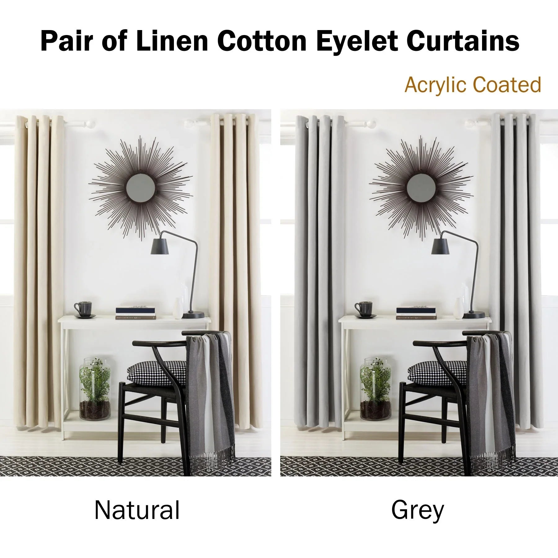 Designers Choice Pair of Linen Cotton Coated Eyelet Curtains Grey 140 x 213cm - Mekamart Australia