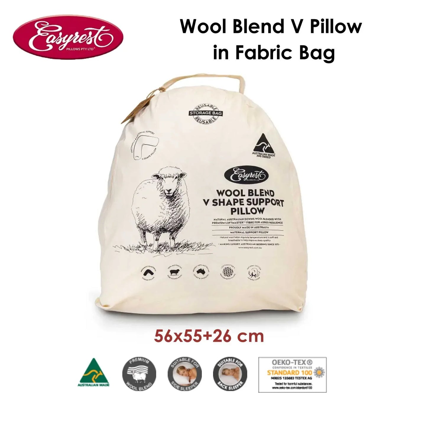 Easyrest Wool Blend V Pillow in Fabric Bag - Mekamart Australia
