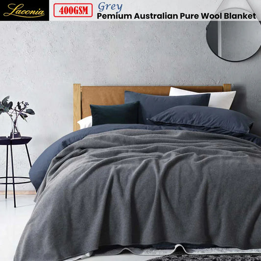 Laconia 400GSM Premium Australian Pure Wool Blanket Grey Queen - Mekamart Australia