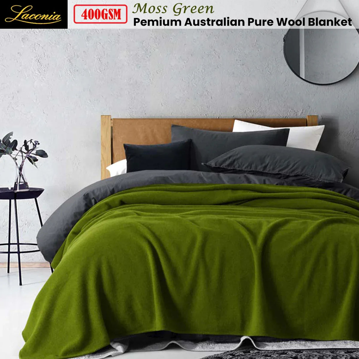 Laconia 400GSM Premium Australian Pure Wool Blanket Moss Green Double - Mekamart Australia