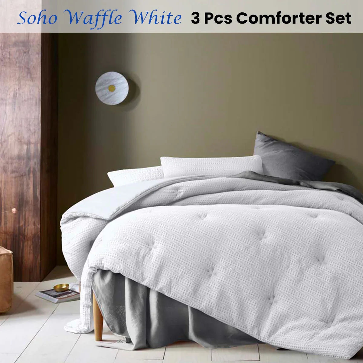 Accessorize Soho Waffle White 3 Piece Comforter Set Queen - Mekamart Australia