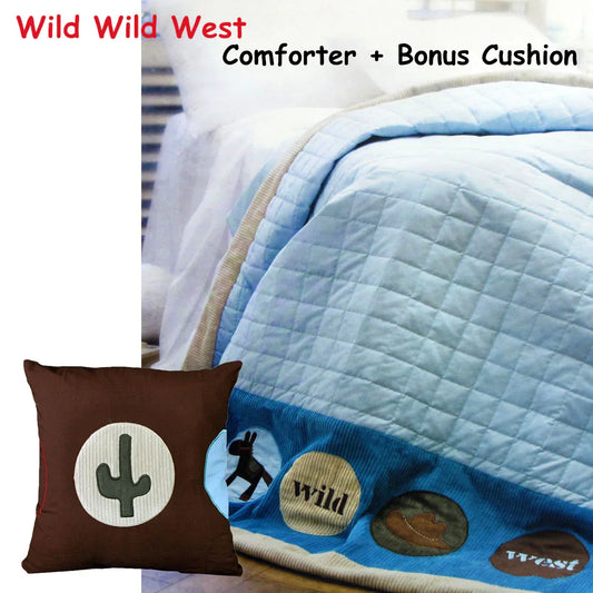 Happy Kids Wild Wild West Blue Embroidered Comforter with Bonus Cushion - Mekamart Australia