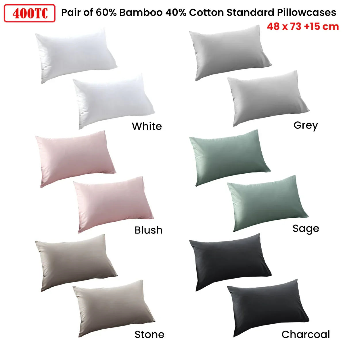Accessorize Stone 400TC Bamboo Cotton Pair of Standard Pillowcases 48 x 73 + 15cm - Mekamart Australia