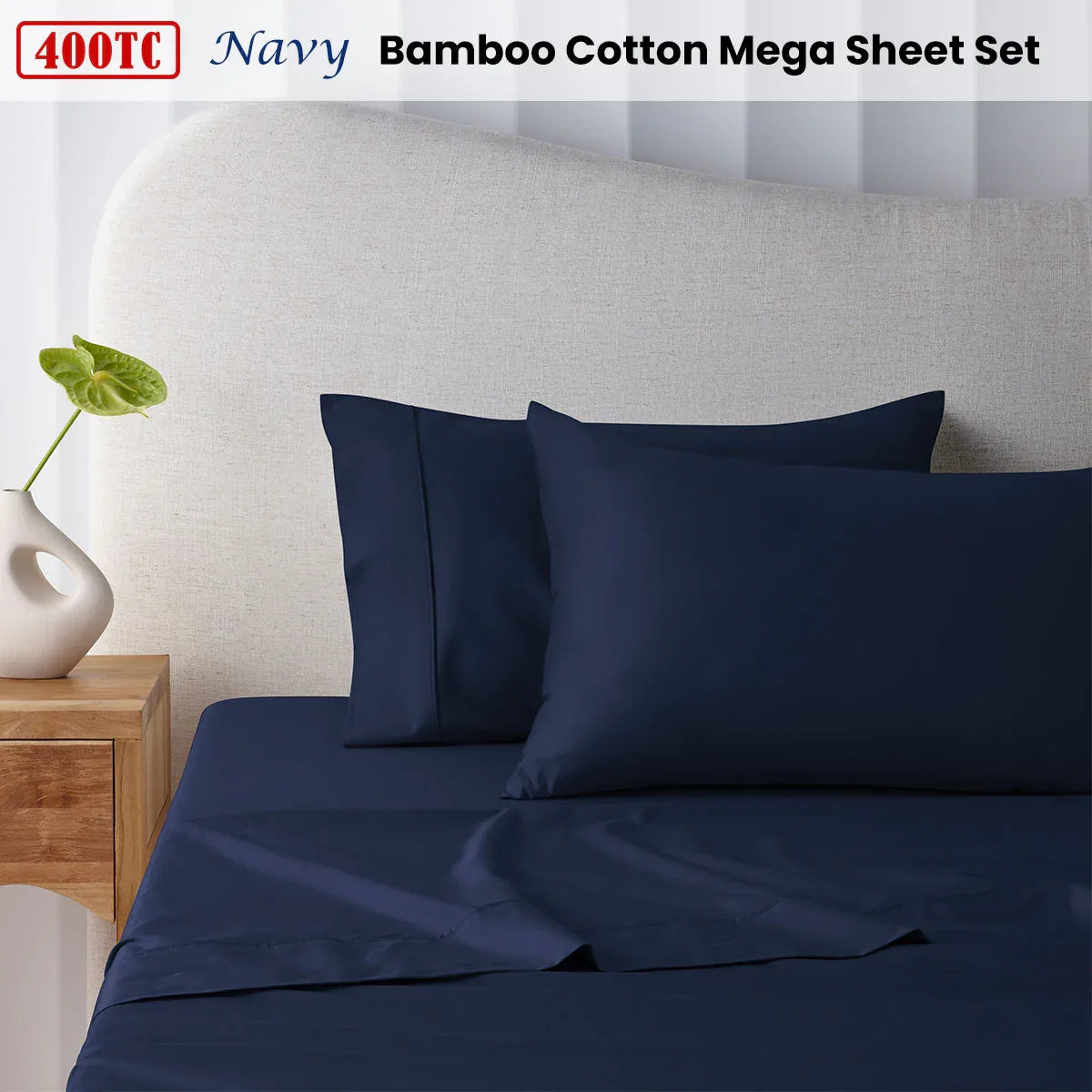 Accessorize 400TC Navy Bamboo Cotton Mega Sheet Set 50cm Wall Super King - Mekamart Australia