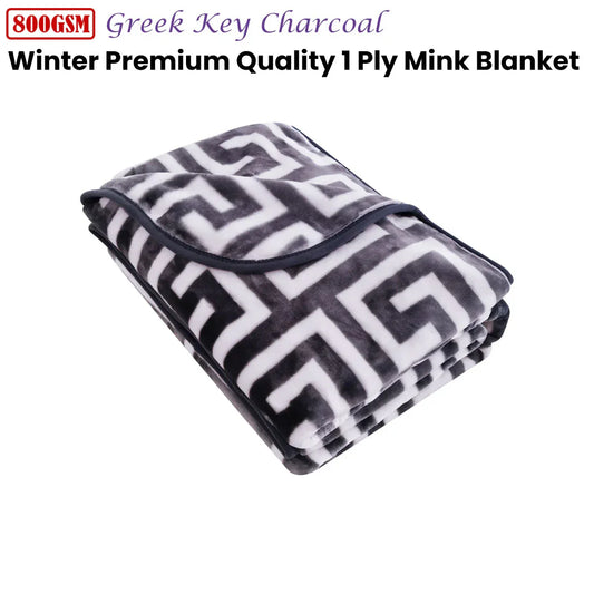 Bloomington 800GSM Greek Key Charcoal Winter Premium Quality 1 Ply Mink Blanket Double - Mekamart Australia