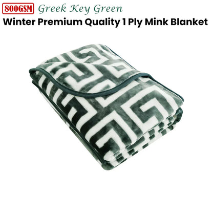 Bloomington 800GSM Greek Key Green Winter Premium Quality 1 Ply Mink Blanket Queen - Mekamart Australia
