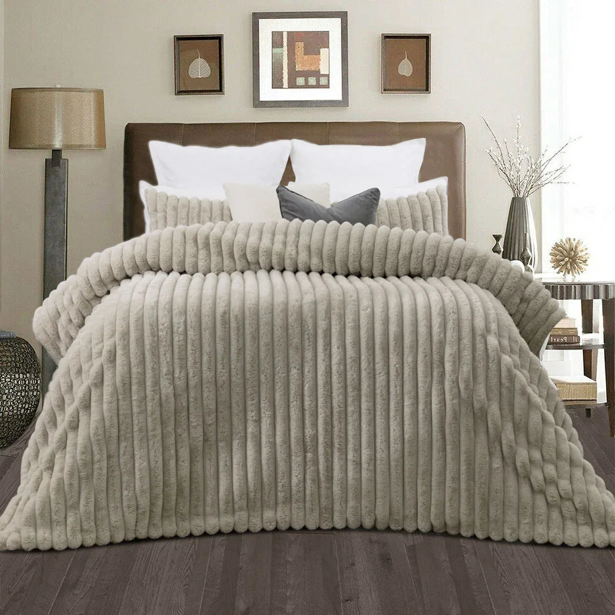 Jane Barrington Arna Natural 3 Pcs Channel Faux Bunny Fur Comforter Set Queen - Mekamart Australia