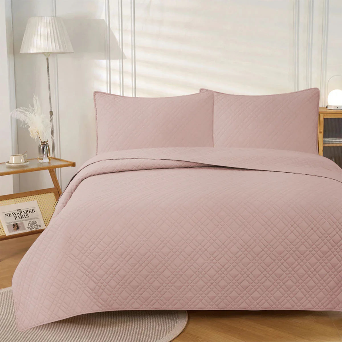Jane Barrington Morris Blush Ultrasonic Embossed Lightly Quilted Reversible Coverlet Set Queen - Mekamart Australia