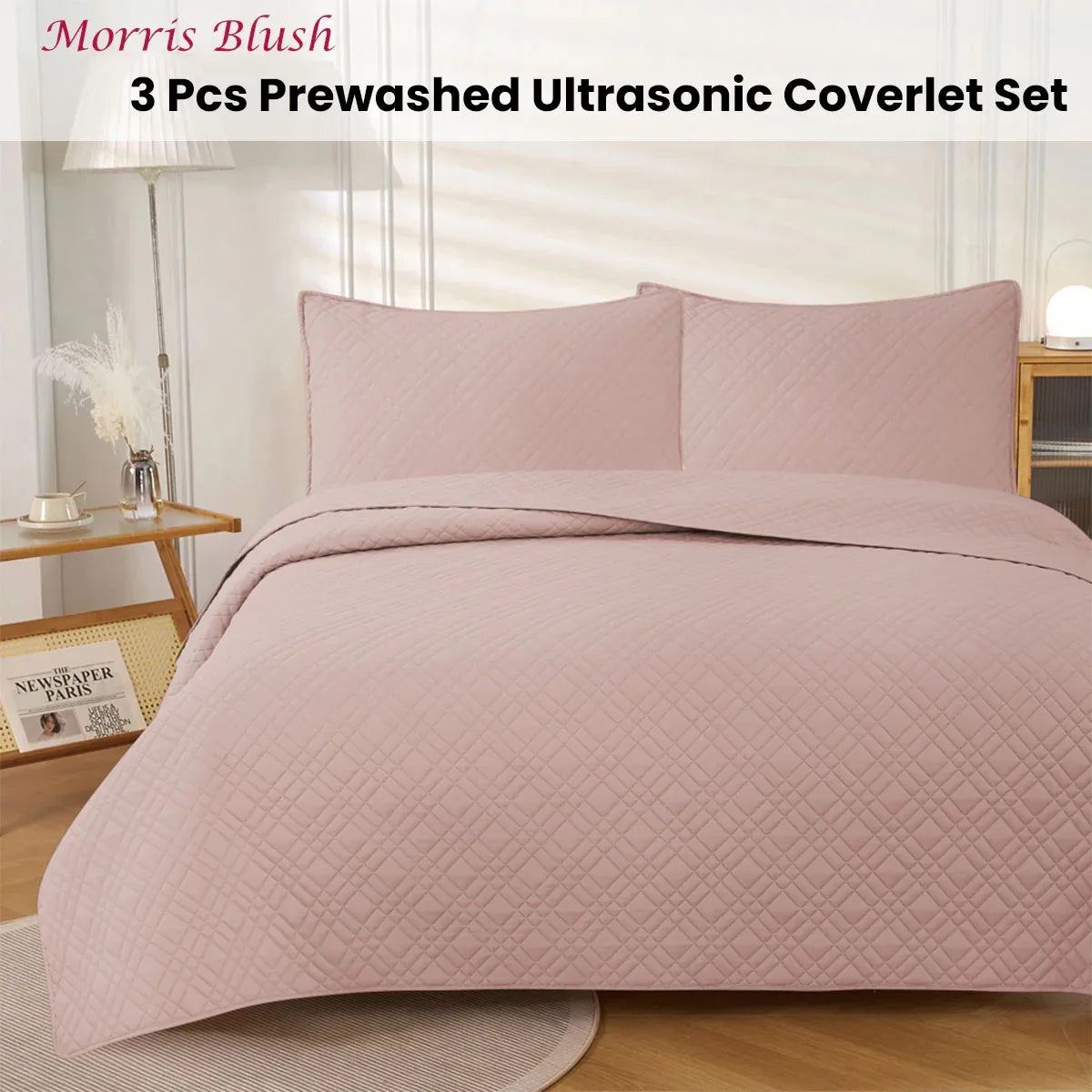 Jane Barrington Morris Blush Ultrasonic Embossed Lightly Quilted Reversible Coverlet Set Queen - Mekamart Australia