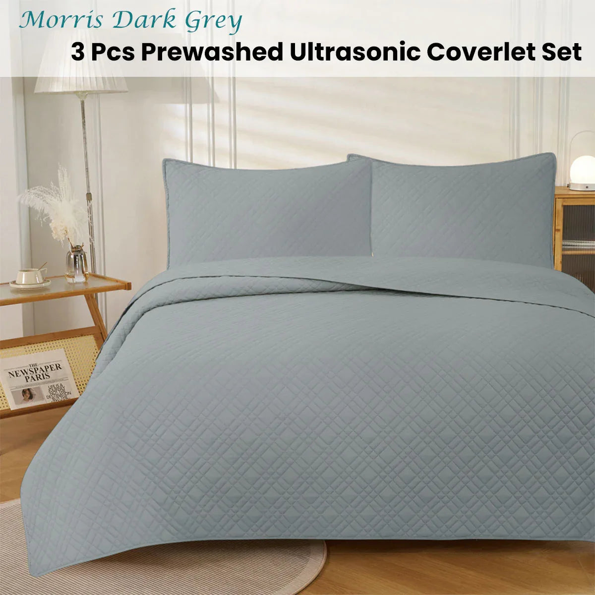 Jane Barrington Morris Dark Grey Ultrasonic Embossed Lightly Quilted Reversible Coverlet Set King - Mekamart Australia