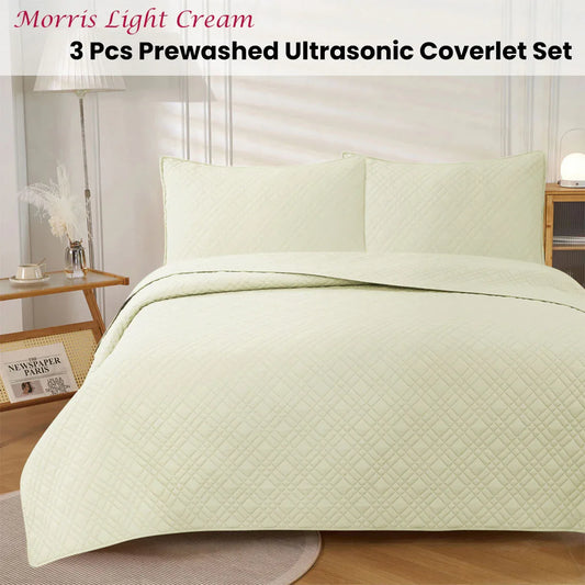 Jane Barrington Morris Light Cream Ultrasonic Embossed Lightly Quilted Reversible Coverlet Set Queen - Mekamart Australia