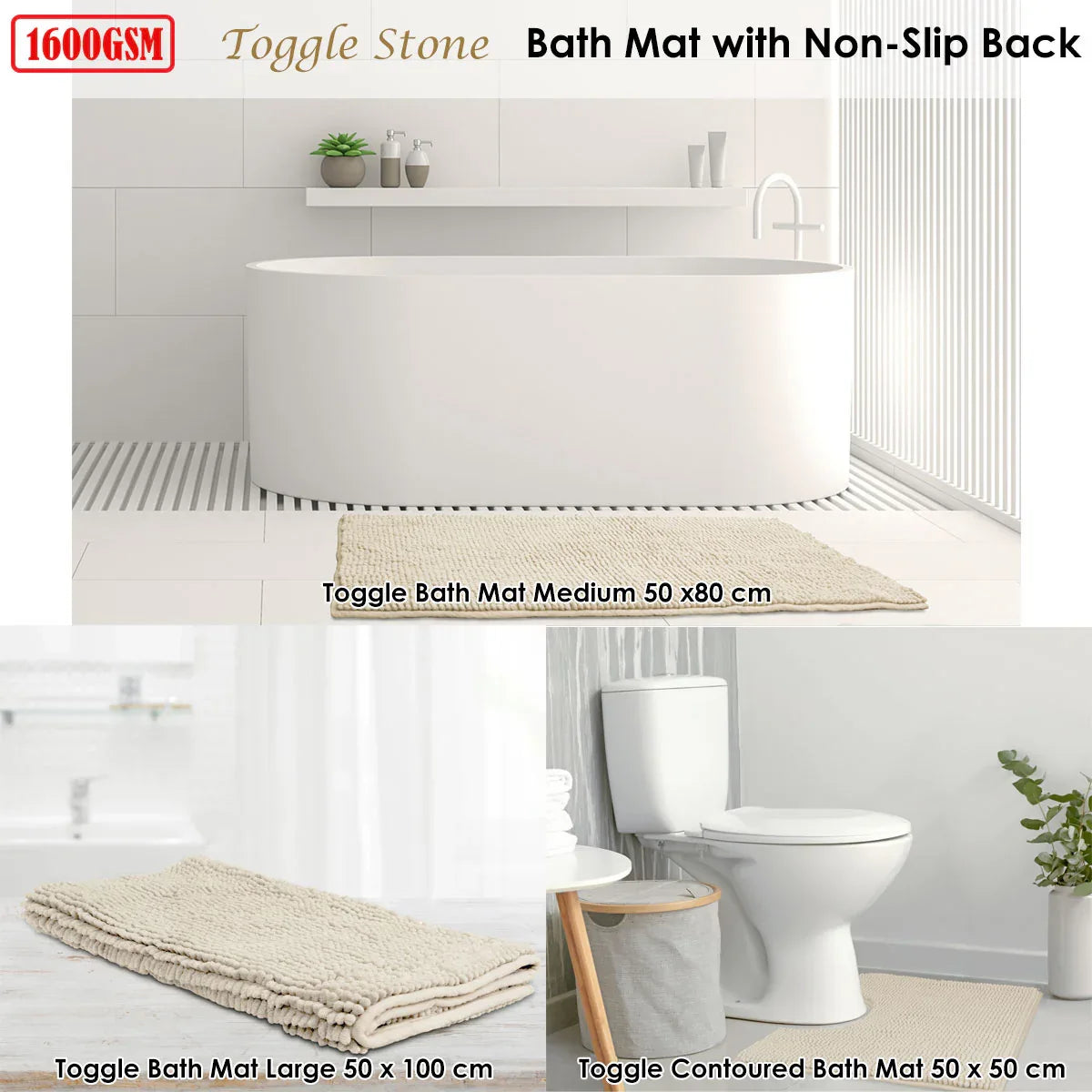 Toggle Microfiber Bath Mat Large Stone - Mekamart Australia