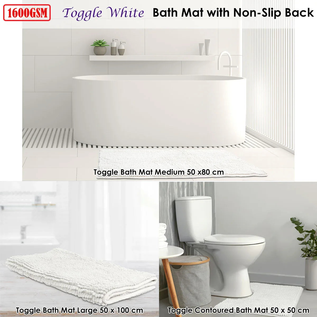 Toggle Microfiber Bath Mat Medium White - Mekamart Australia