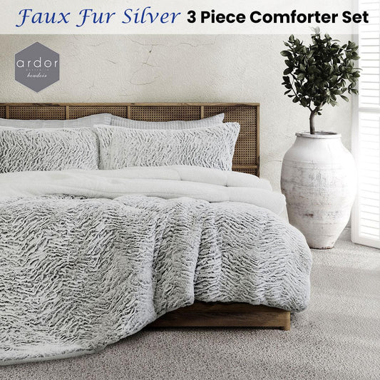 Ardor Faux Fur Silver 3 Piece Comforter Set Single/Double - Mekamart Australia