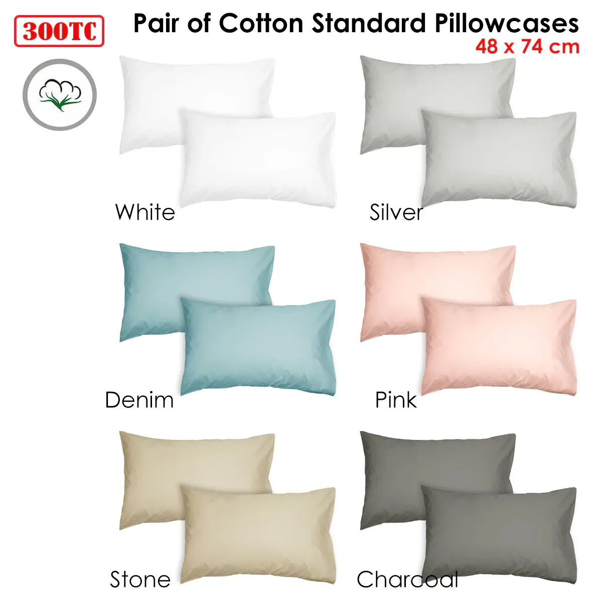Algodon Pair of 300TC Cotton Standard Pillowcases Stone - Mekamart Australia