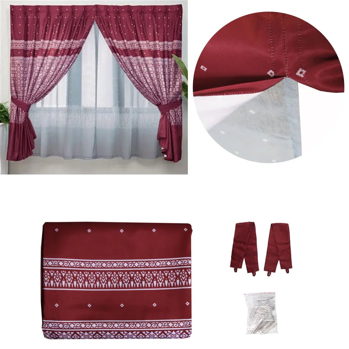Avon Home Casa Kayangan Burgundy Pinch Pleat Window Curtain with Attached Lace Curtain - Mekamart Australia