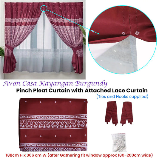 Avon Home Casa Kayangan Burgundy Pinch Pleat Window Curtain with Attached Lace Curtain - Mekamart Australia