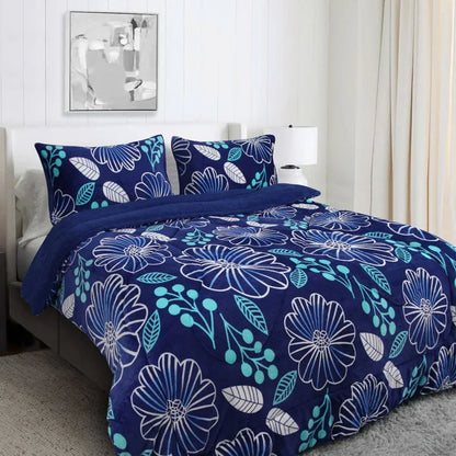 Ramesses Blue Flower Printed Sherpa Flannel Fleece Reversible Blanket Set Queen/King - Mekamart Australia