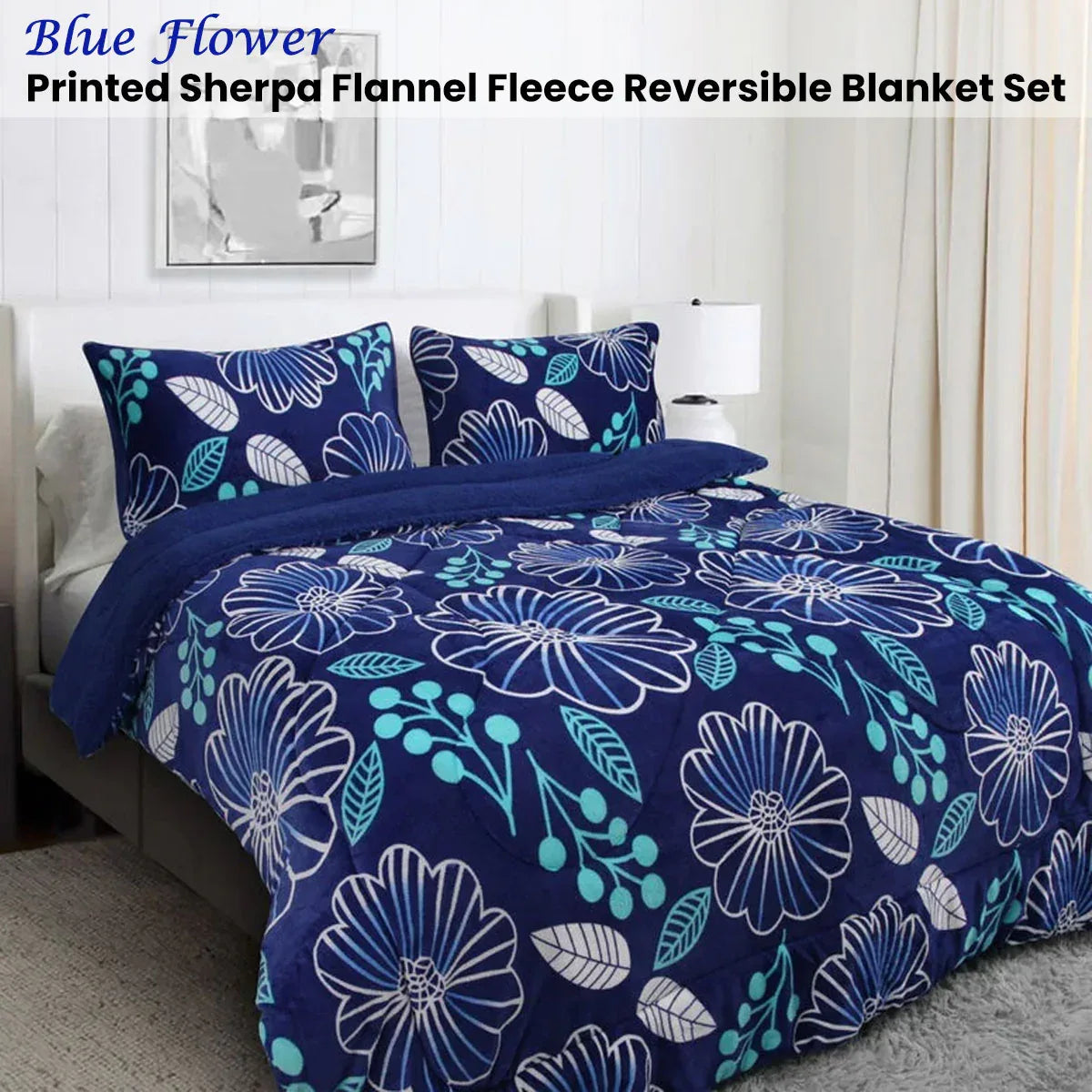 Ramesses Blue Flower Printed Sherpa Flannel Fleece Reversible Blanket Set Queen/King - Mekamart Australia